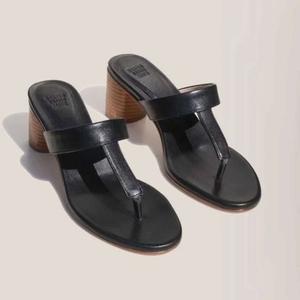 Black Leather Maryam Nassir Zadeh Sandals with Wood Heel